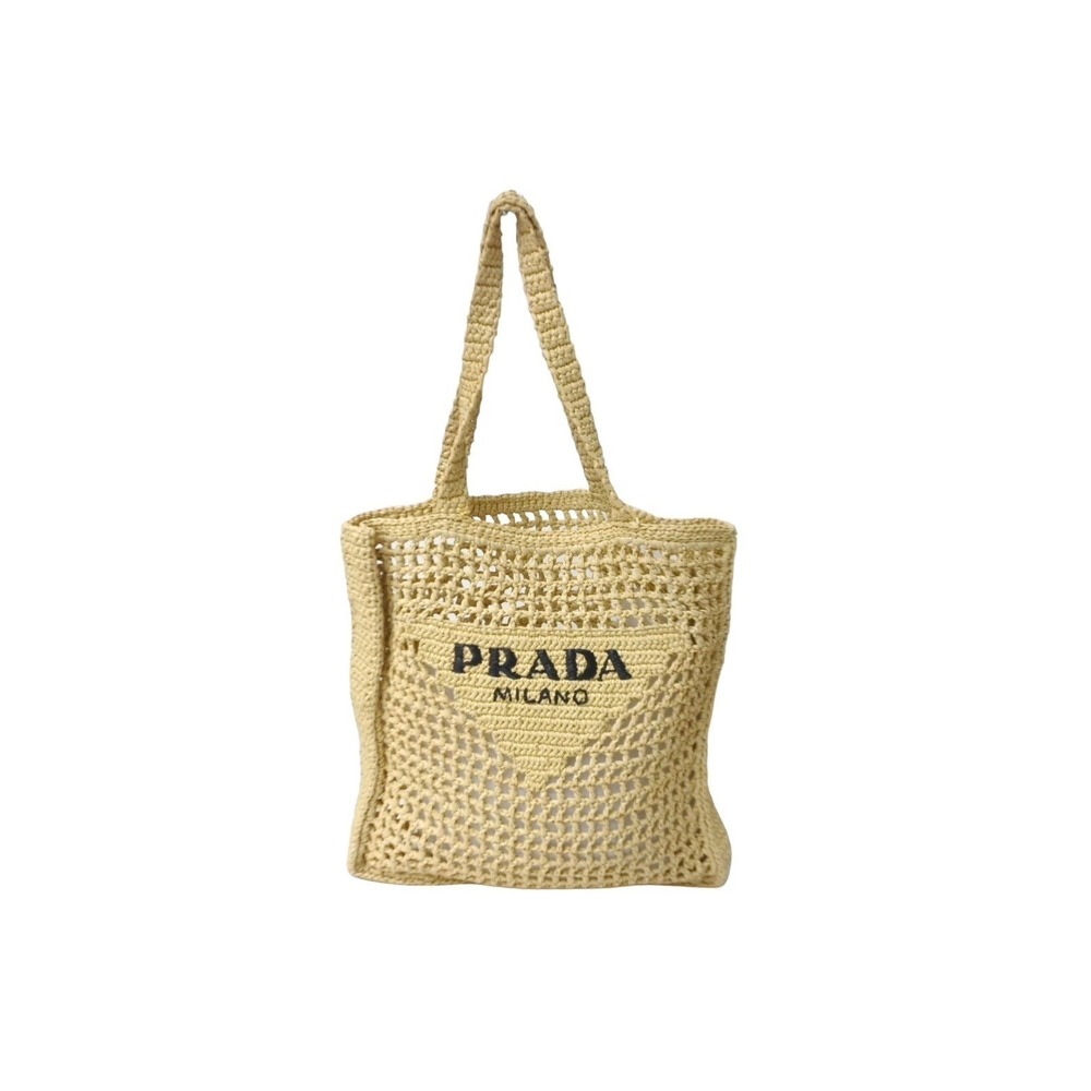 PRADA RAFIA raffia tote bag straw wicker basket Beige Tan black